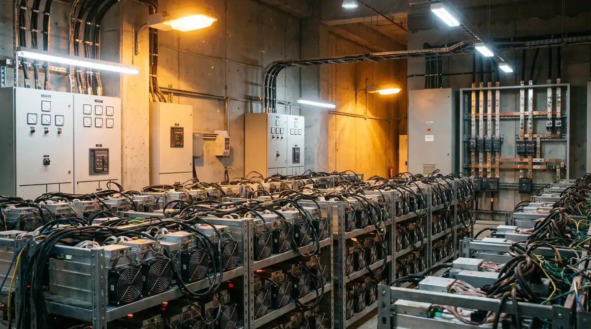 Bitcoin mining facility with rows of ASIC miners illustrating the electricity cost and profitability dynamics of the 2026 difficulty drawdown