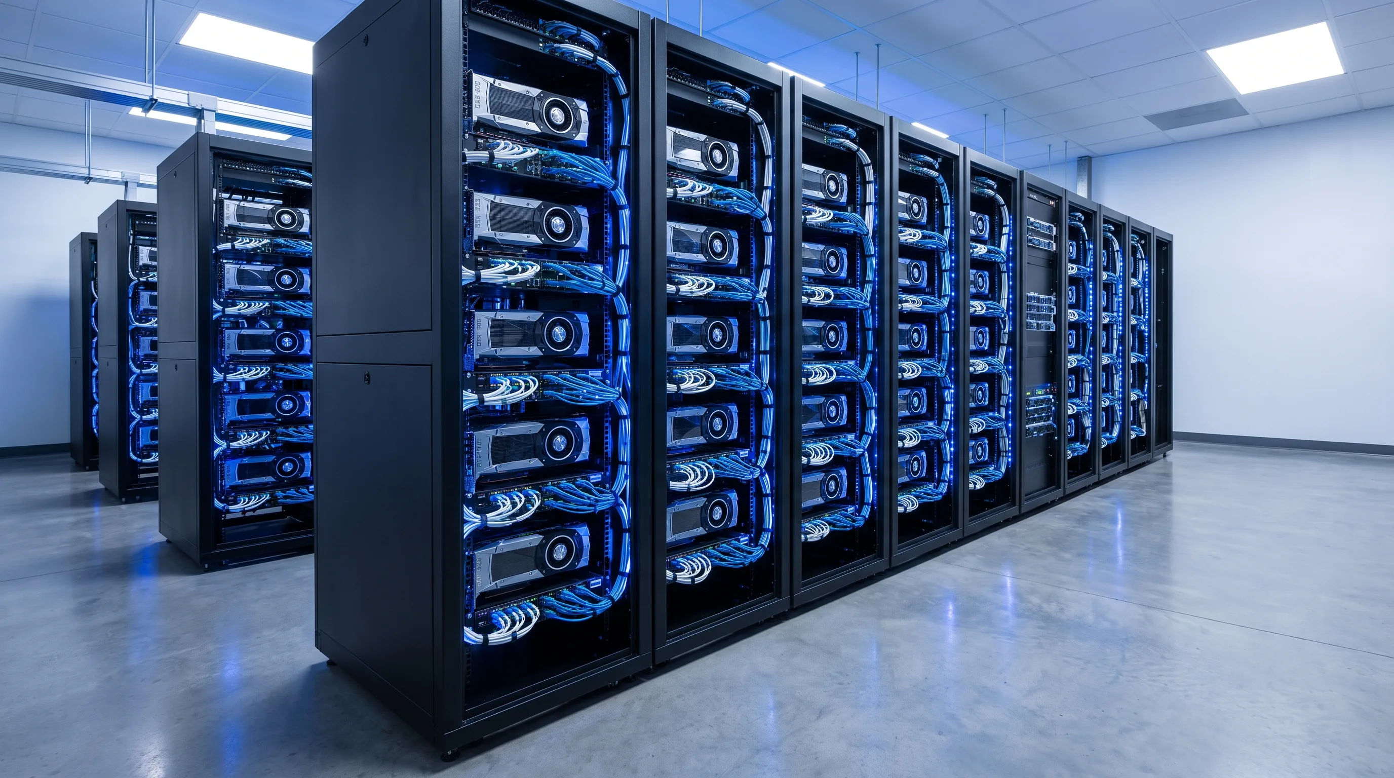 GPU colocation data center with high-density server racks housing NVIDIA GPUs for AI model training and machine learning workloads