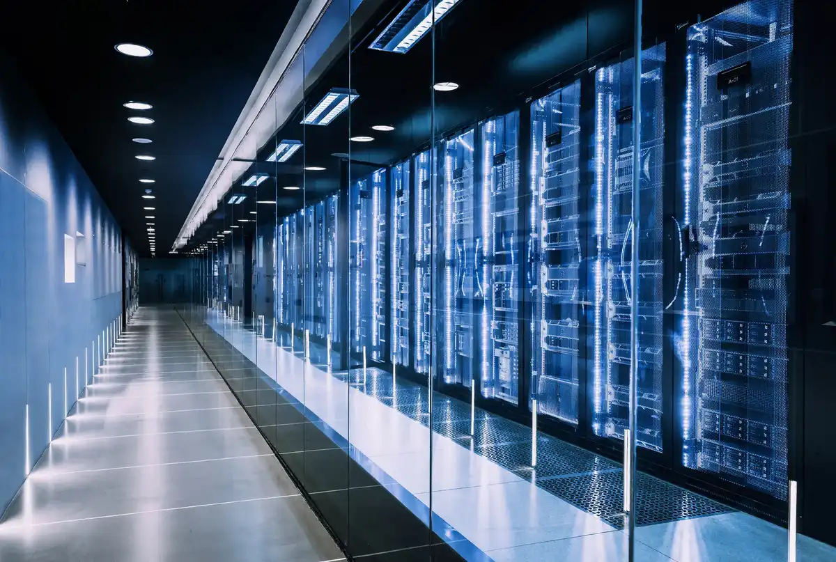 Modern data center facility exterior with power infrastructure