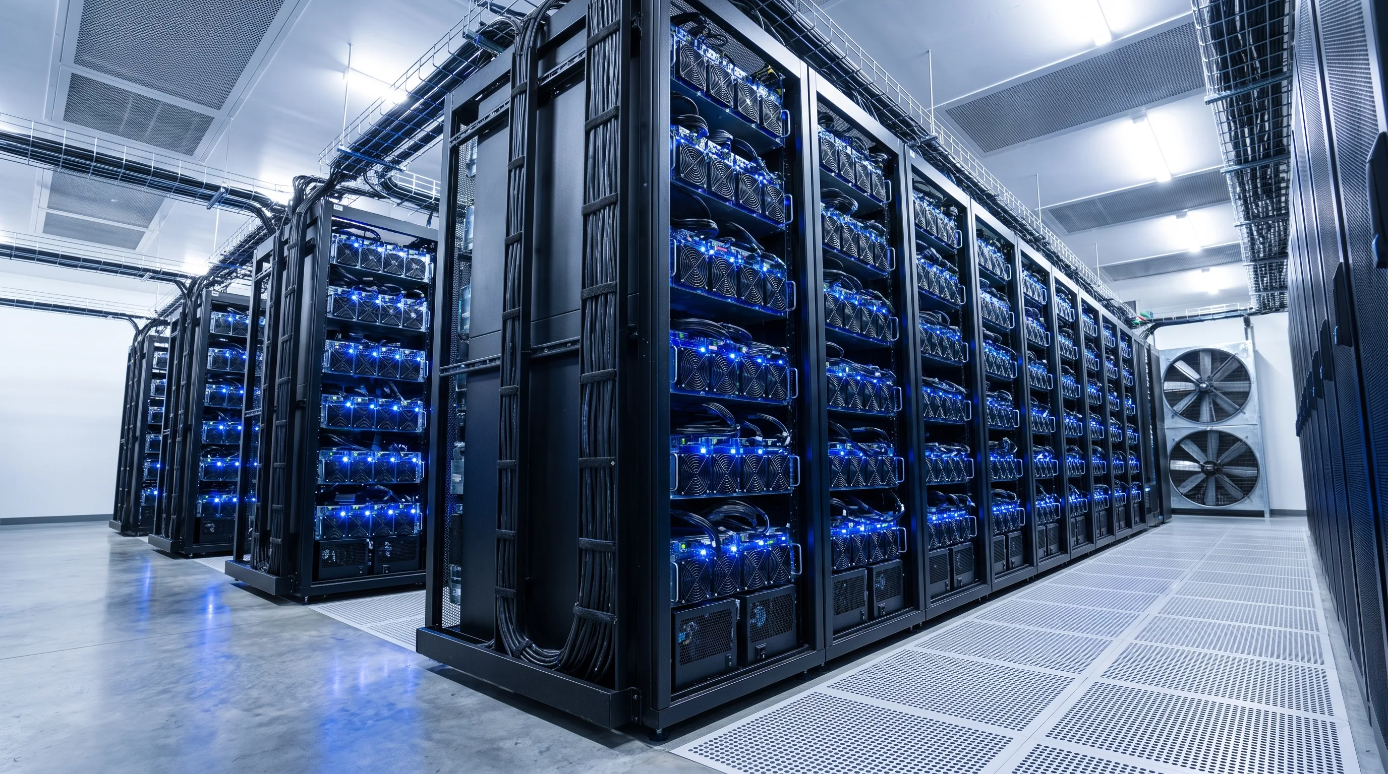 Rows of ASIC cryptocurrency miners with blue LED status lights inside a modern colocation data center