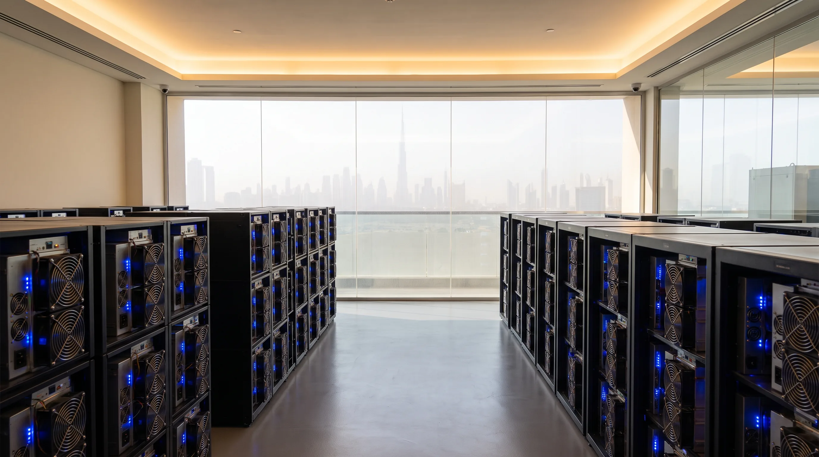 Modern cryptocurrency mining facility in the UAE with Dubai skyline in background and regulatory compliance symbols