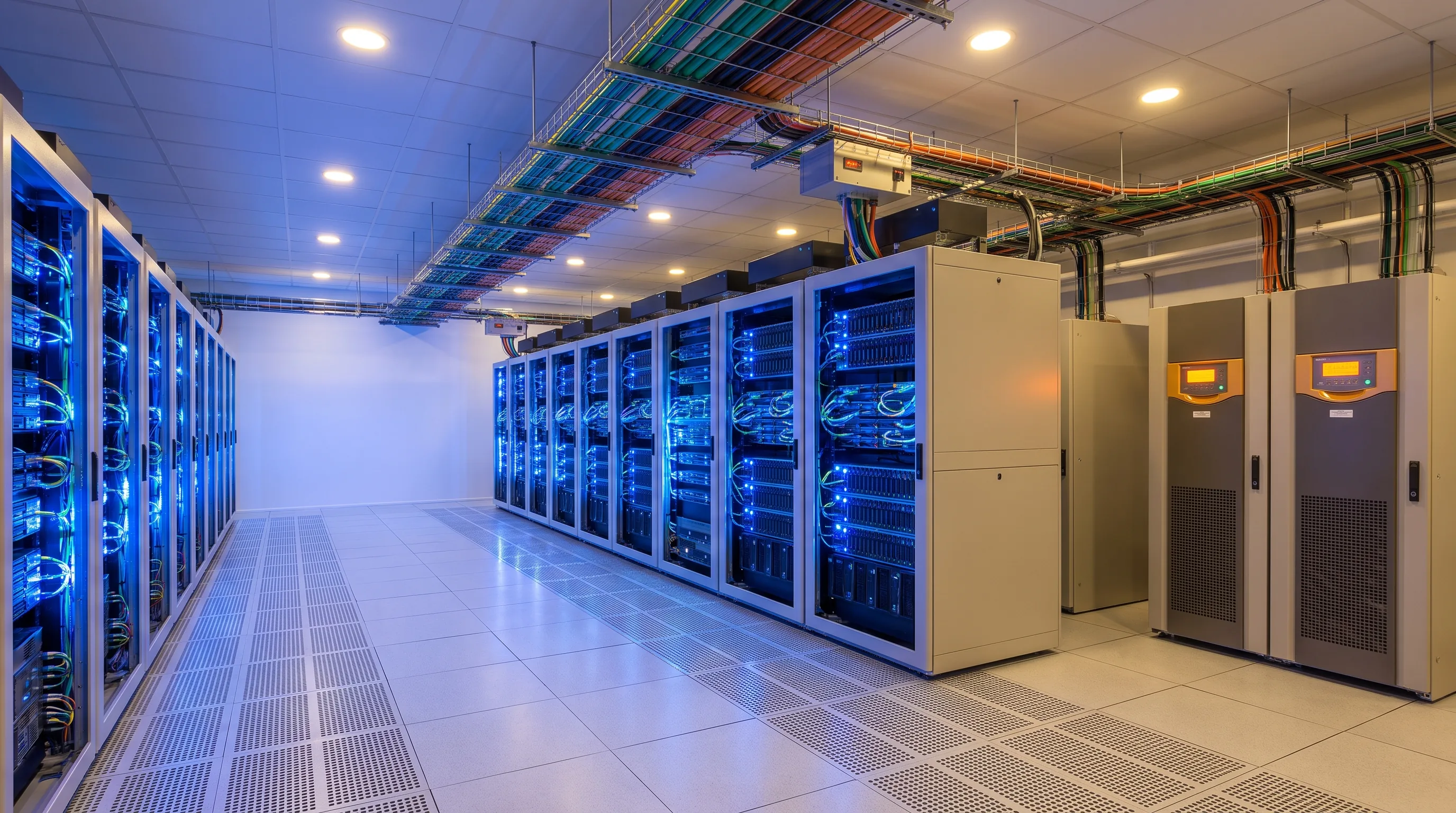 Modern Tier 4 data center interior with redundant power systems and server racks with blue LED lighting