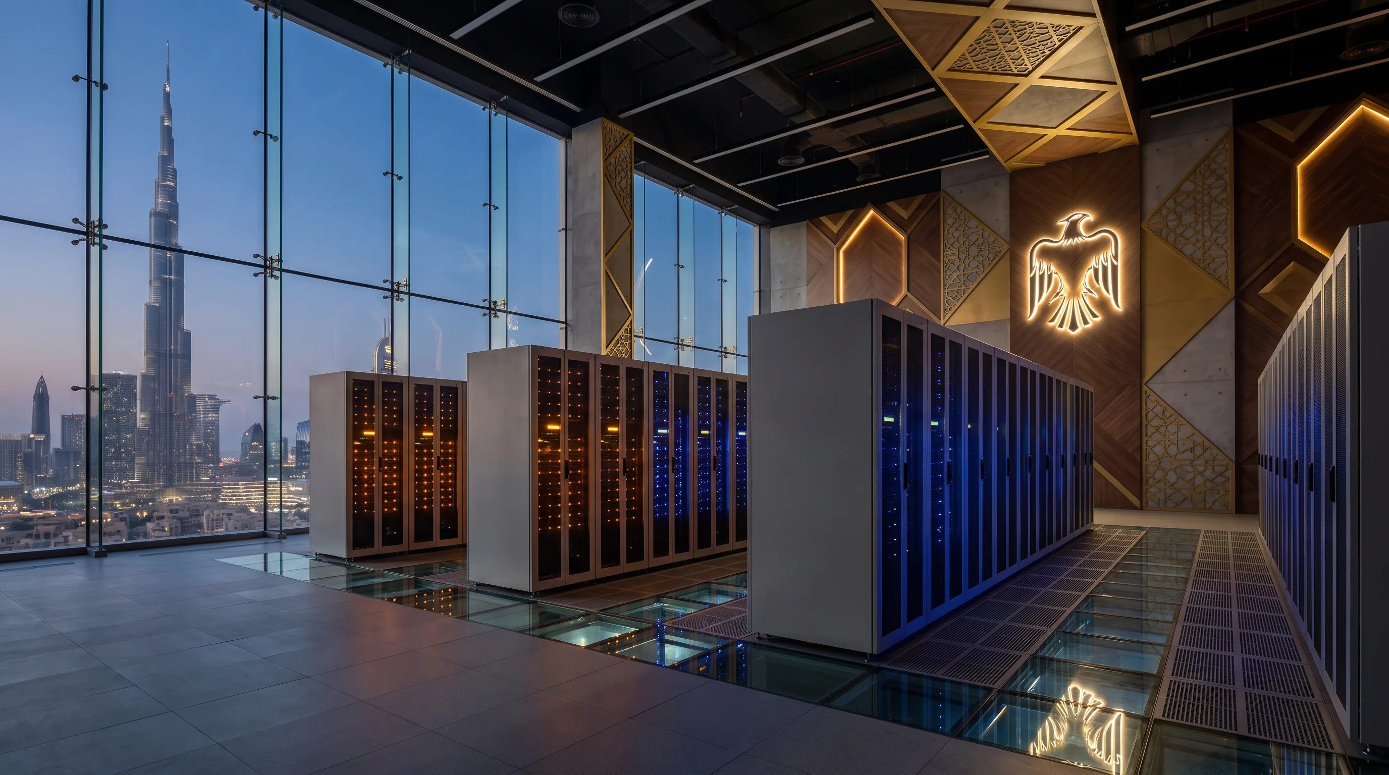 Modern data center server room in Dubai with glass walls showing city skyline at dusk