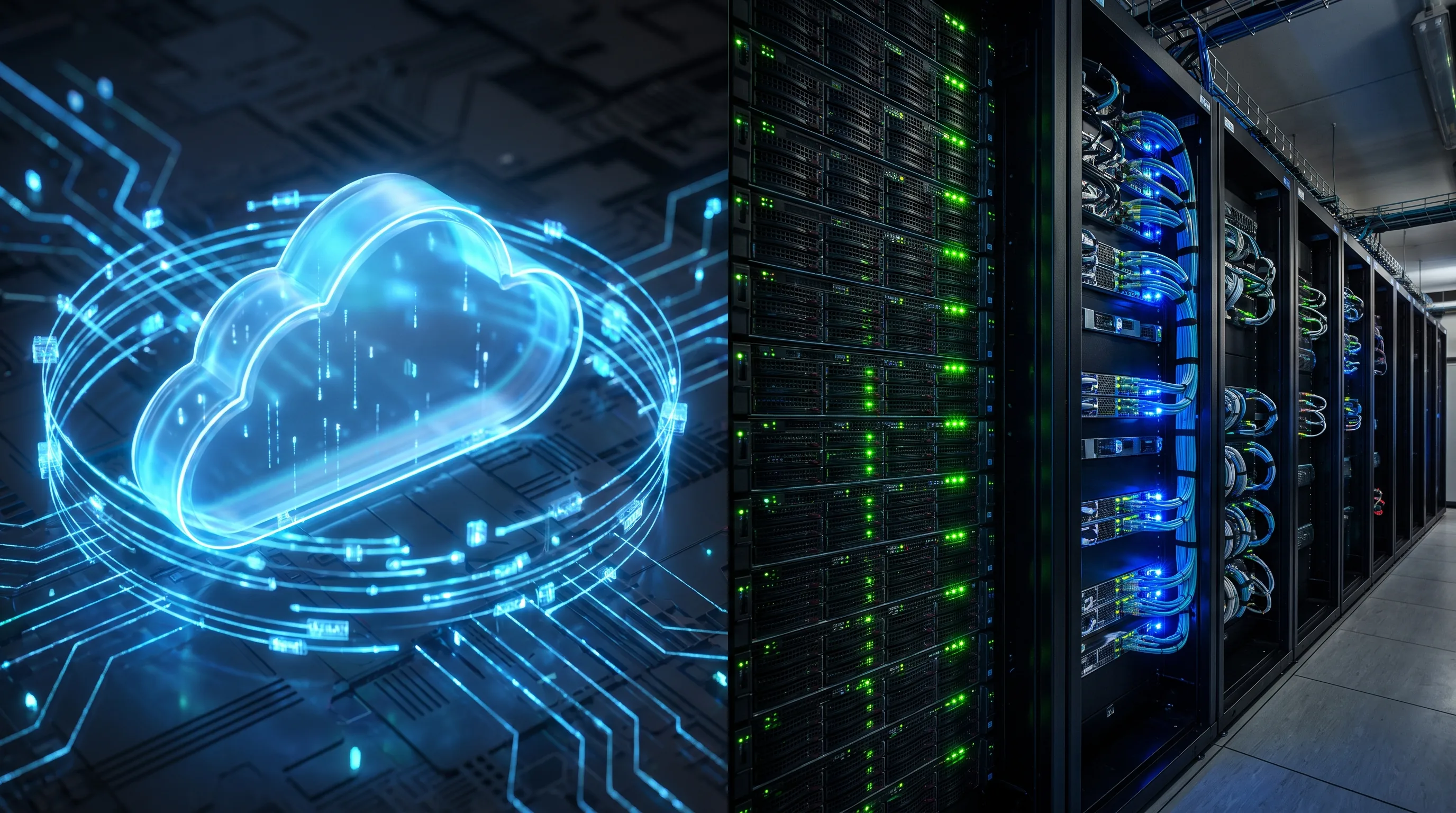 Split view of GPU cloud computing concept and physical data center server racks for AI workloads