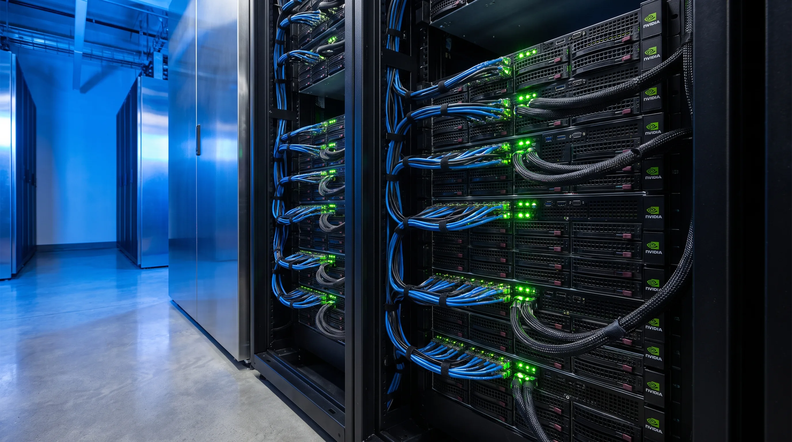 High-performance GPU server rack in a modern data center with blue LED lighting and liquid cooling infrastructure