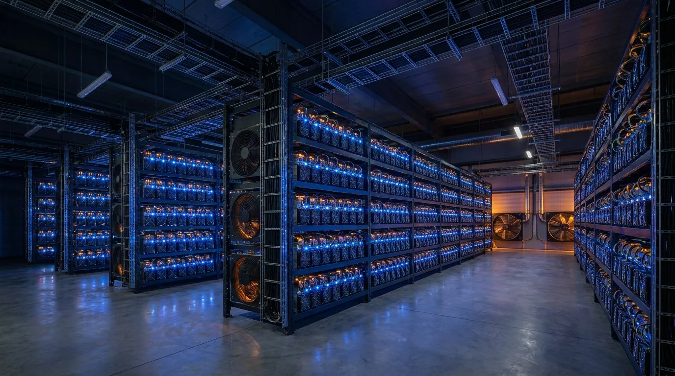 Modern Bitcoin mining facility interior with rows of ASIC miners and blue LED lighting