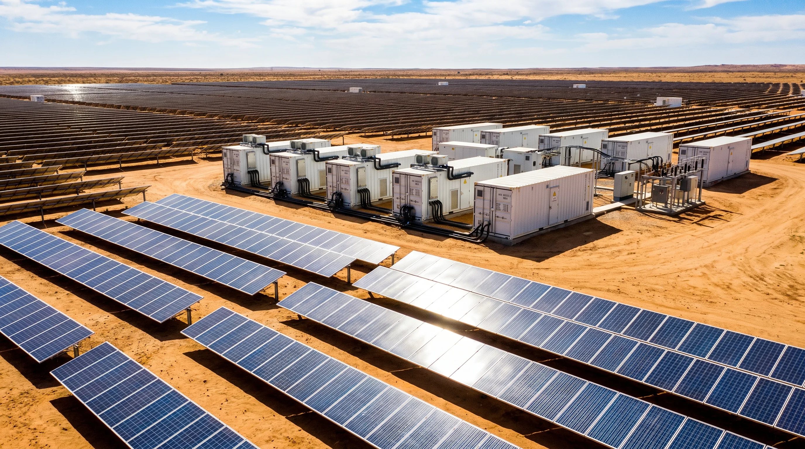 Large-scale solar panel array powering Bitcoin mining containers in a desert facility